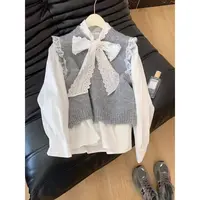 韩版秋冬季新款设计感简约针织马甲 衬衫女高级感穿搭两件套8886