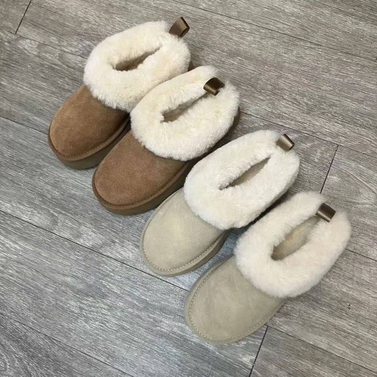 新款塔茨勒厚底羊皮毛一体雪地靴短裸靴真皮厚底保暖一脚蹬面包鞋