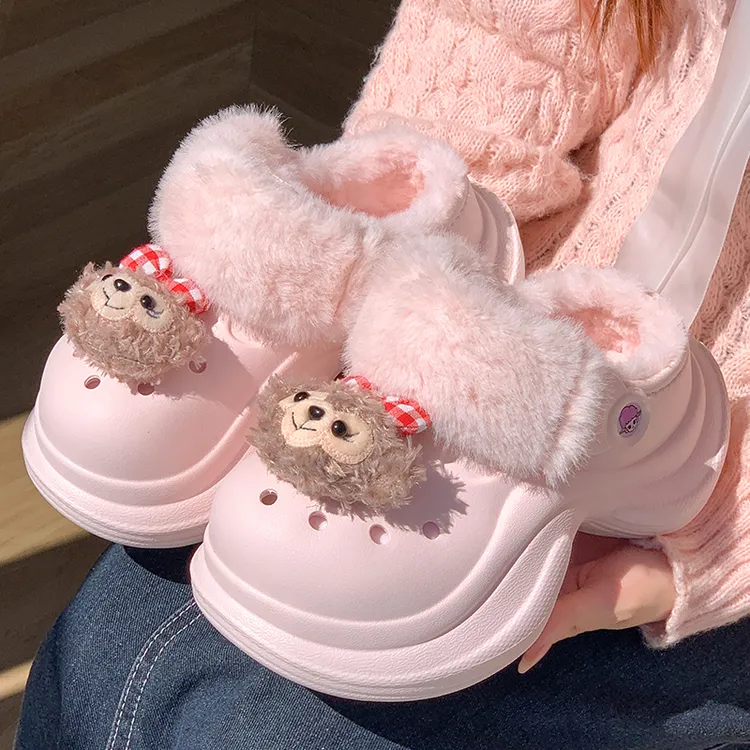 加绒洞洞鞋女士冬季居家防滑可爱卡通保暖厚底毛毛棉拖鞋女鞋外穿