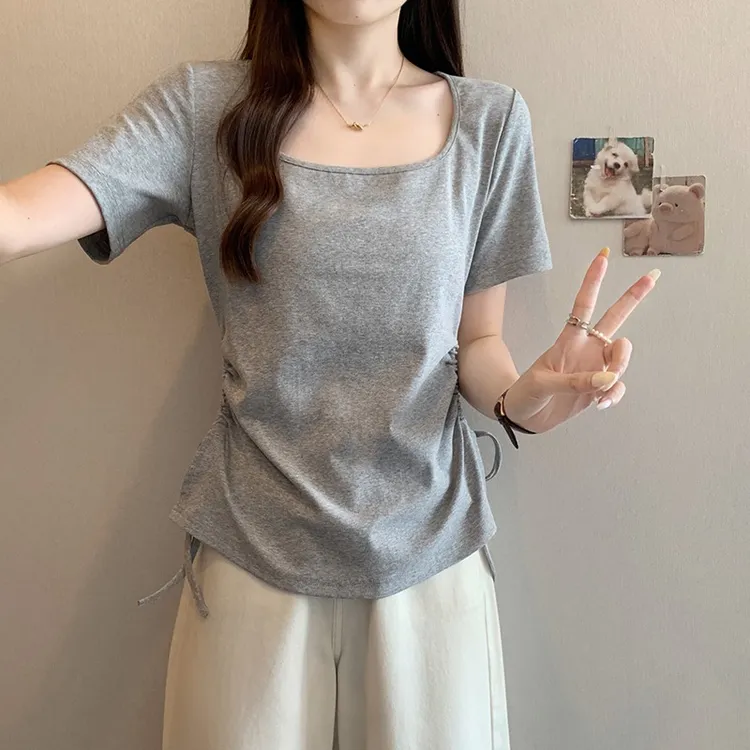 正肩方领短袖t恤女夏季微胖mm大码设计感不规则修身显瘦收腰上衣