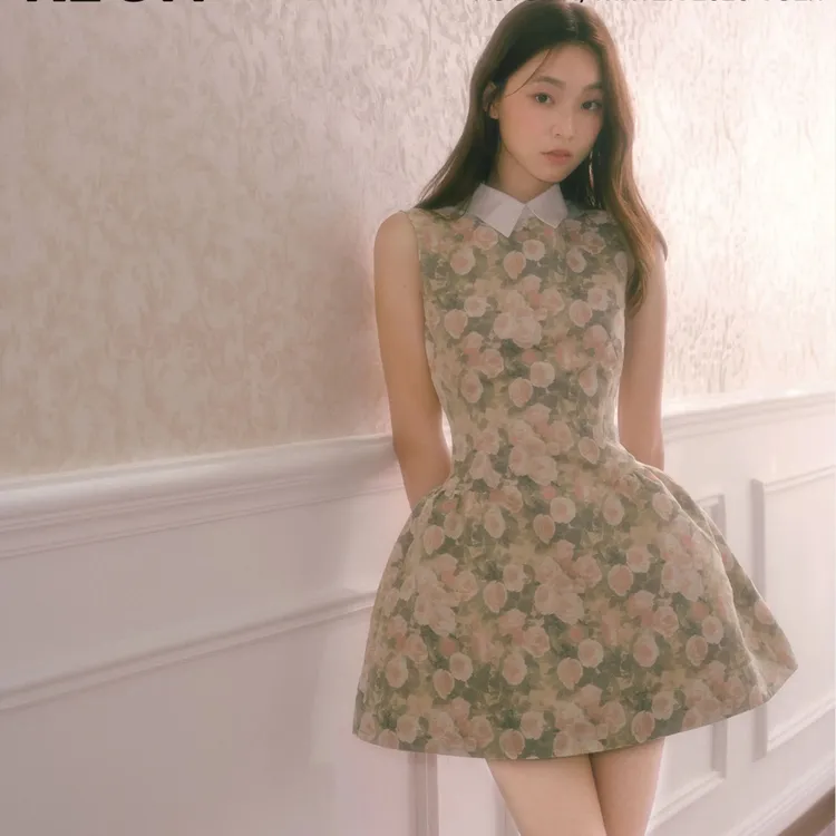 RECIT 复古玫瑰油画衬衫领无袖连衣裙女秋装千金风蓬蓬收腰背心裙