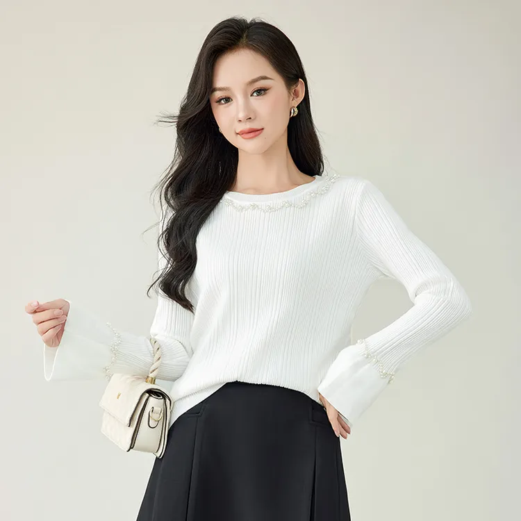 奢姿大码女装2025秋季减龄钉珠喇叭袖时尚针织衫胖妹妹百搭上衣