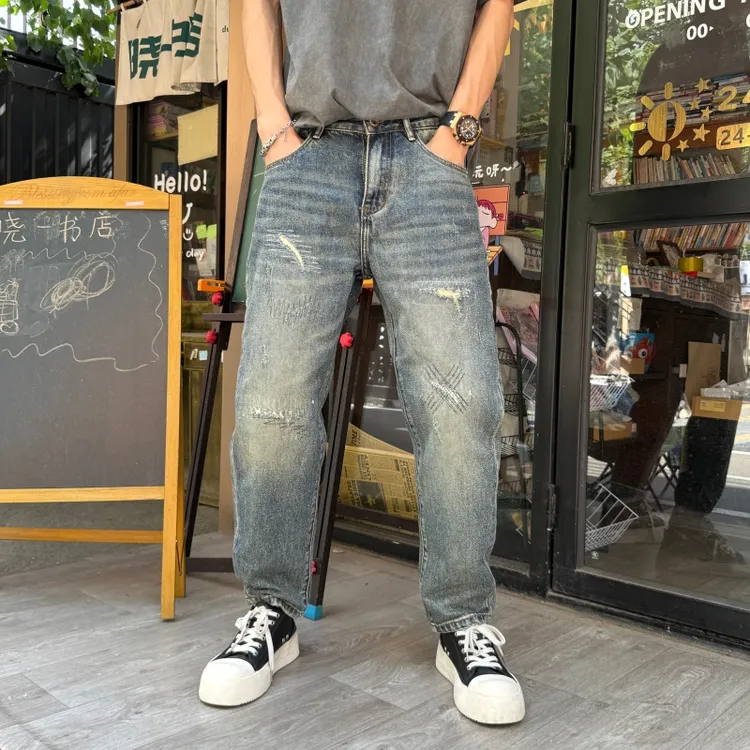 做旧刮烂男士直筒裤2025宽松阔腿裤男士休男男士水洗做旧解构阔腿