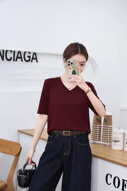 腾坊高品质V领五分袖T恤精品弹力冰氧棉显瘦女装洋气中袖上衣8020