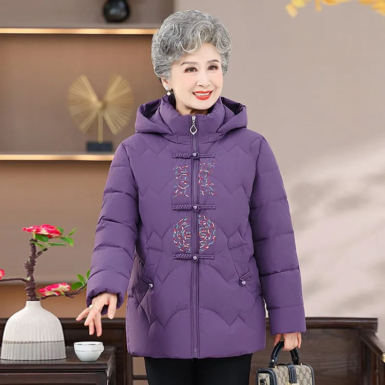 冬季妈妈装加厚保暖连帽中老年宽松中长款老年人加绒棉衣棉服M