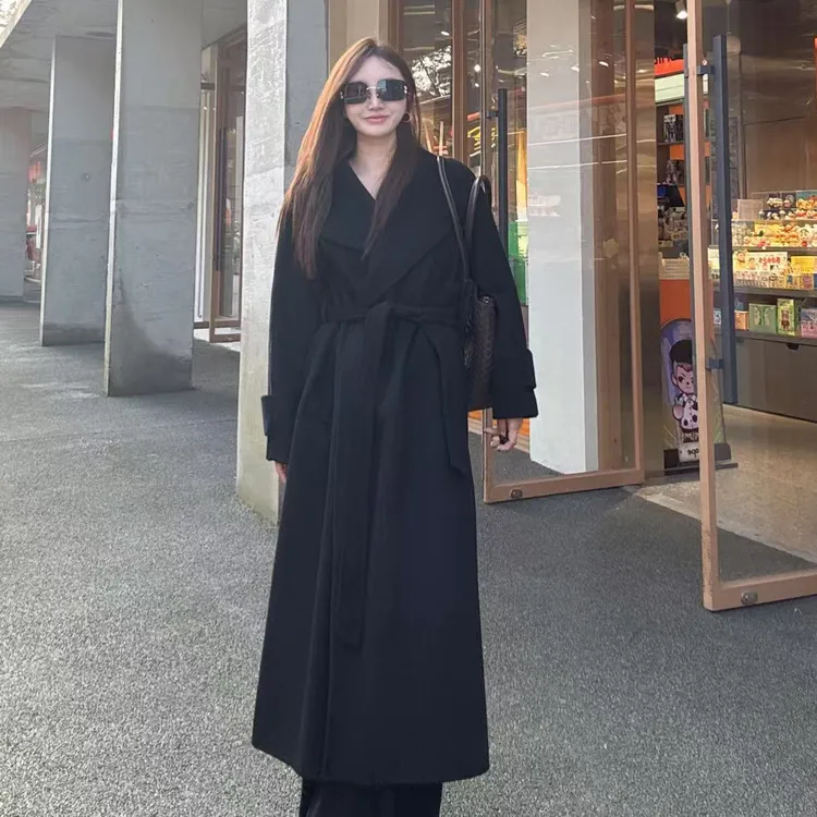 秋冬新款插肩袖大翻领超长款羊毛大衣女士高奢显瘦