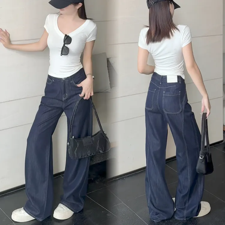 小鱼故事 夏季薄款莱赛尔丹宁色窄版直筒裤垂感慵懒显瘦拖地裤女
