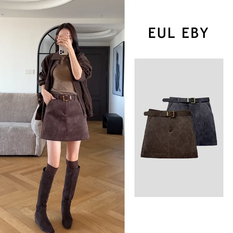 EUL EBY高级复古百搭A字半身短裙搭配腰带高腰显瘦251553#