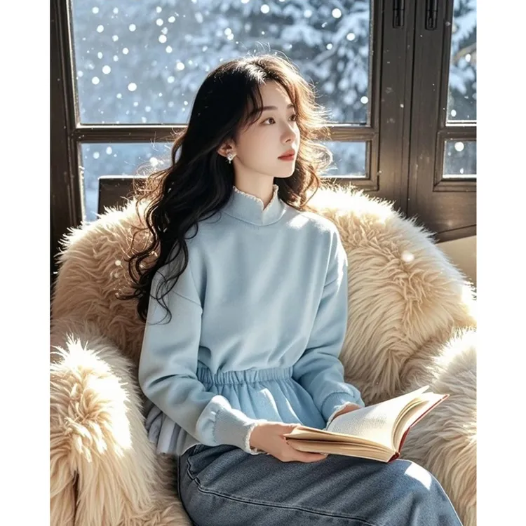 今年流行独特漂亮小衫2025春季新款设计感内搭蓝色荷叶边收腰上衣