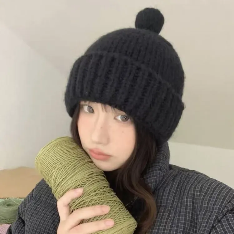 韩系可爱毛球护耳针织毛线帽女秋冬季保暖显脸小百搭大头围防寒帽