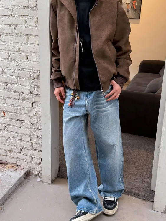 tri.复古水洗做旧猫须纹牛仔裤男女宽松直筒休闲百搭长裤