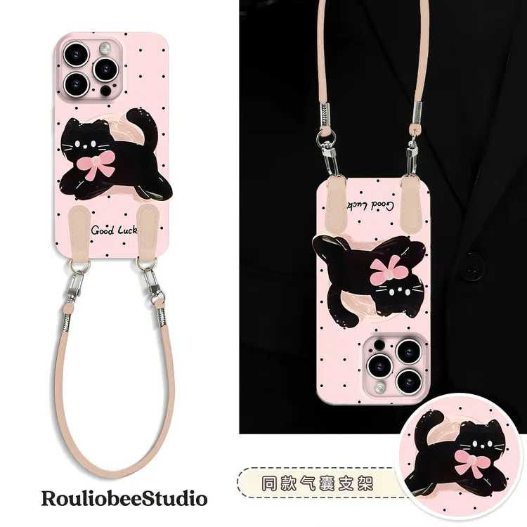 luck波点猫咪支架挂绳适用iPhone17苹果16手机壳华为vivo小米oppo