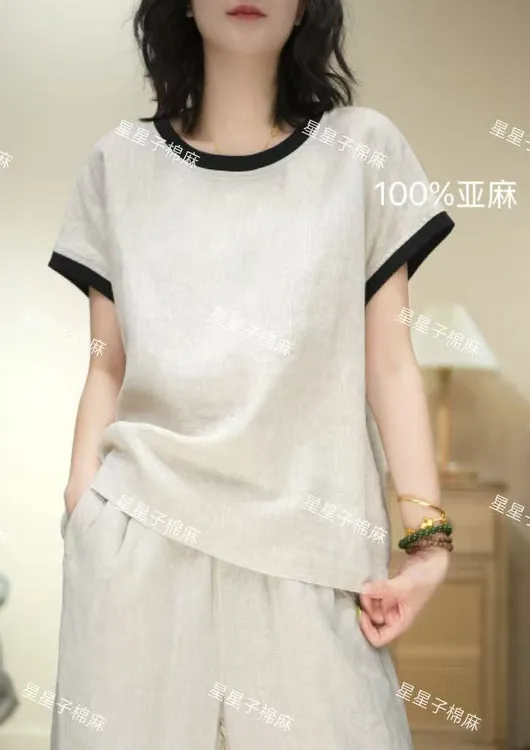 纯亚麻螺纹拼接宽松拼色T恤百搭圆领短袖