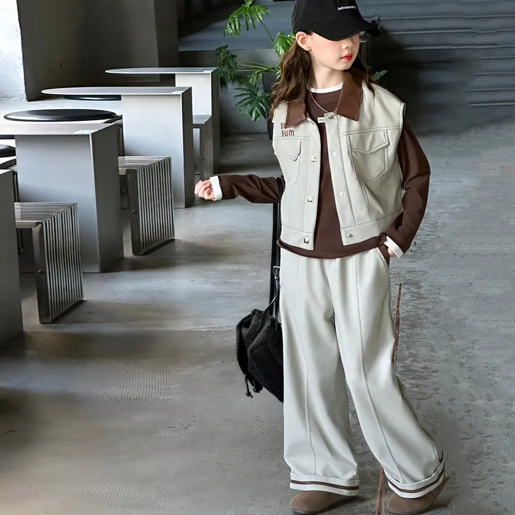 女童马甲阔腿裤套装秋季2025新款时尚中大童女孩韩版休闲装三件套