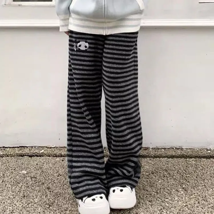 裤子女款爆款2025新款黑灰条纹休直筒裤高腰垂感显瘦宽松阔腿裤子