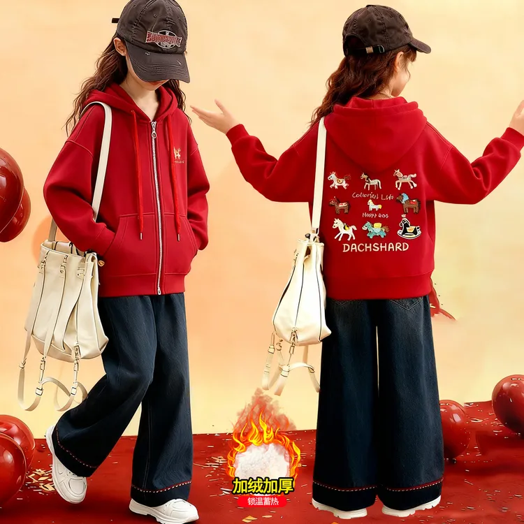 年服女童冬装加绒加厚卫衣外套6-12岁喜庆红色保暖拜年服15学生