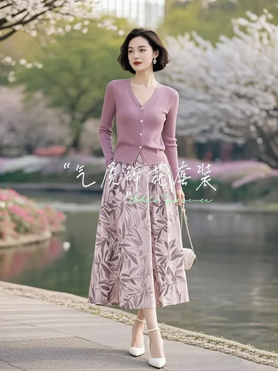 【源头工厂套装】初春气质粉紫色开衫清新碎花百褶半身裙99382+Q214