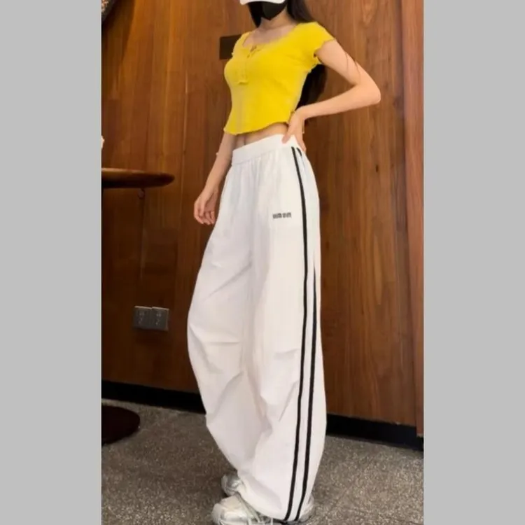 多巴胺黄色冰丝速干工装运动裤女美式爵士舞摇夏夏季薄款九分裤子