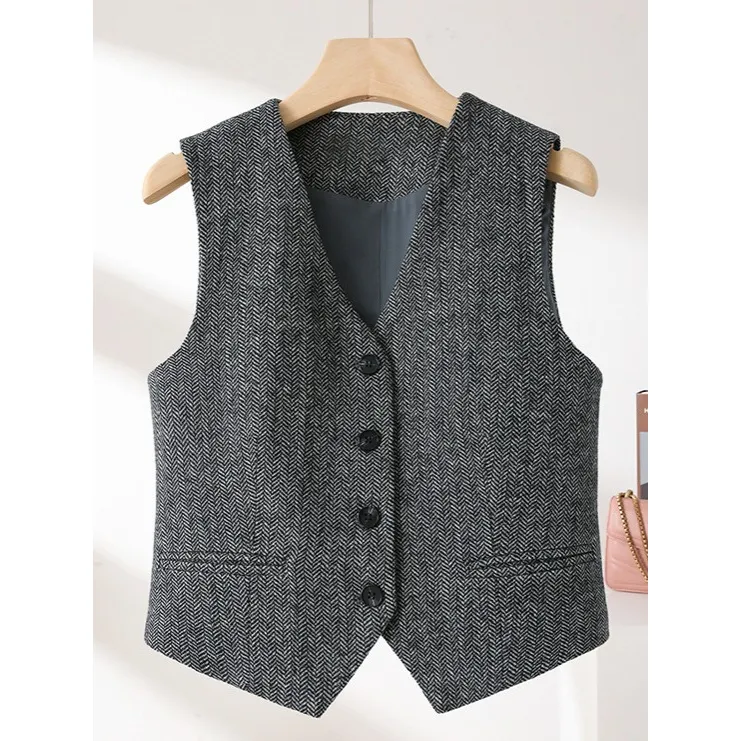 春秋叠穿英式老钱风气质时尚毛呢马甲女2025春季新款无袖马夹外套