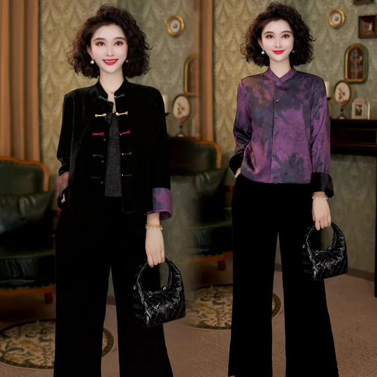 新中式紫色衬衫短外套女2025秋季新款洋气两面穿丝绒国风盘扣上衣