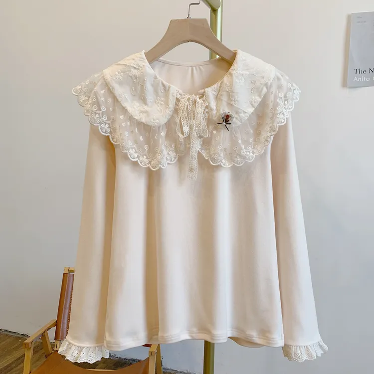 蝴蝶兰C5395磨毛德绒蕾丝边系带娃娃领长袖T恤