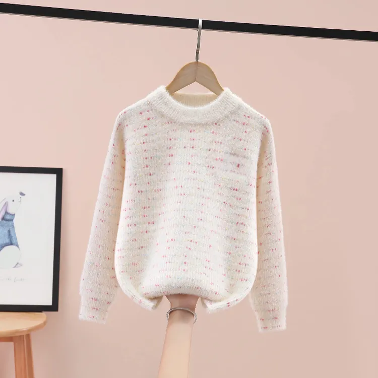 女童彩点毛衣25秋冬季儿童仿貂绒加厚加绒针织衫圆领洋气可爱线衣