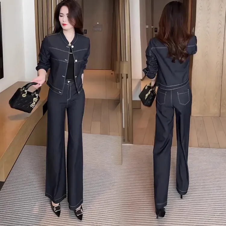 牛仔时尚套装女2025春季新款洋气显瘦休闲短外套阔腿裤减龄两件套