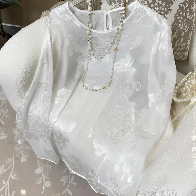 时尚中式缎面小衫防晒衫女长袖提花罩衫薄款上衣空调衫夏季慵懒风