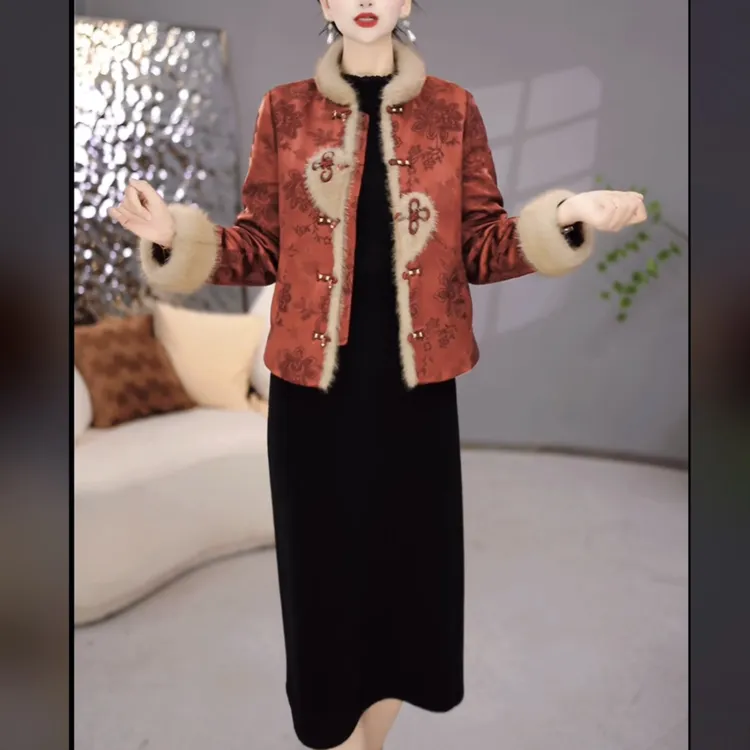 【外套+连衣裙】2025冬季新款时尚女士中式复古红色气质加厚套装裙