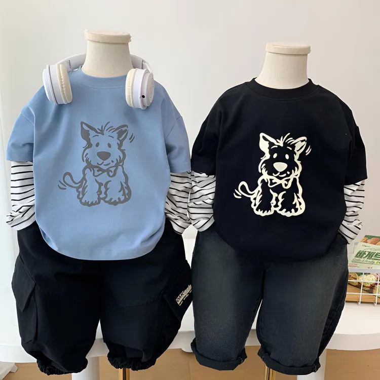 男童假两件长袖T恤洋气中小童卡通小狗上衣春秋装儿童薄款纯棉潮T