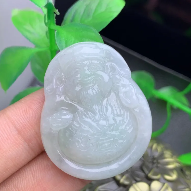 天然A货翡翠财神爷挂坠缅甸晴水绿大肚财神挂件吊坠仿古精雕精美