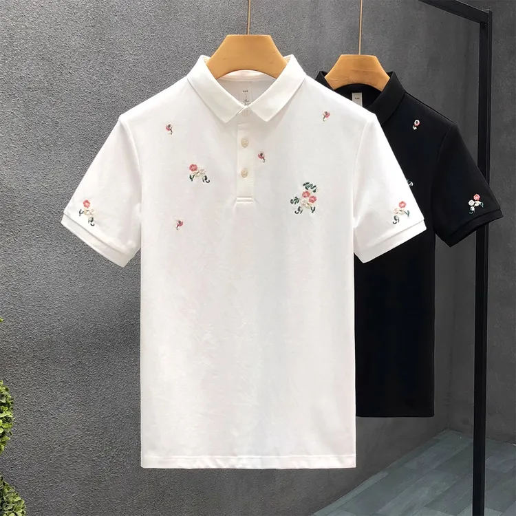 白色刺绣青年polo衫男生痞帅修身翻领短袖t恤男士夏季高端半袖