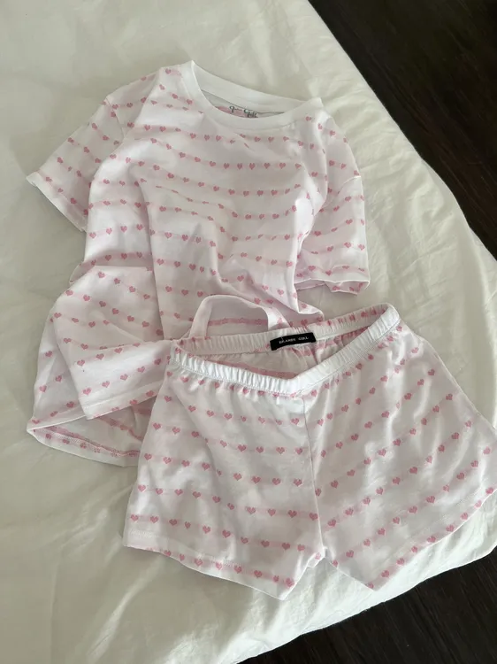 甜美少女爱心印花睡衣女款2025新款夏季短袖短裤家居服套装可外穿