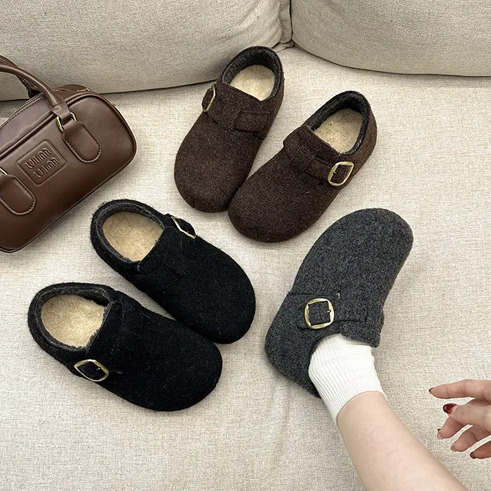 【3cm全包】法式秋冬毛毡高级感一脚蹬懒人鞋加绒博肯雪地短靴