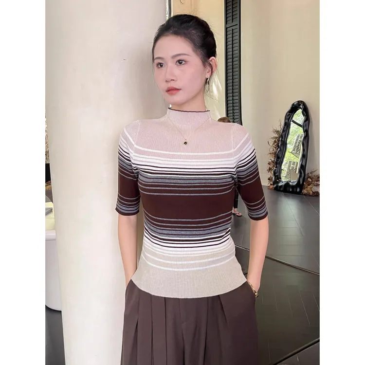 半高领条纹针织打底衫女内搭秋季五分袖撞色短袖t恤上衣中袖修身