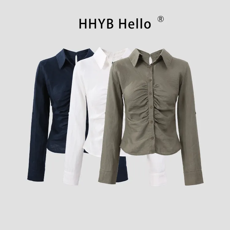 HHYB Hello2025单排扣褶皱设计翻领亚麻清凉感长袖衬衫Q252065