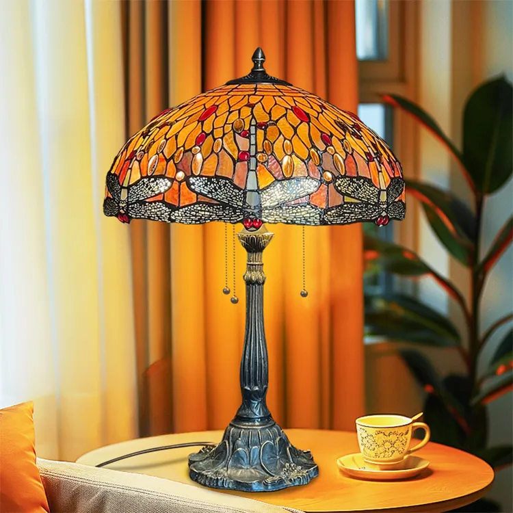 18寸蜓舞黄昏帝凡尼美式乡村彩玻手工客厅艺术装饰全铜底座台灯