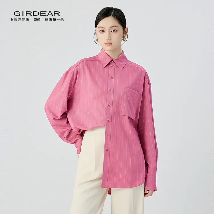 哥弟  品质女装经典百搭时尚舒适松驰洒脱落肩款条纹衬衫130034
