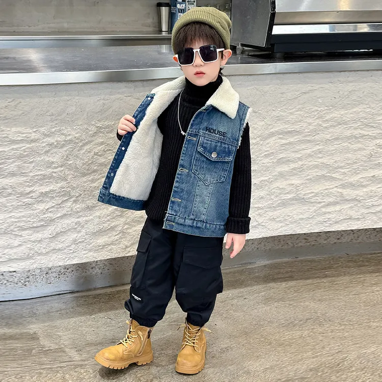 奥特曼儿童加绒牛仔马甲男童外穿背心秋冬装2025新款宝宝爆款坎肩