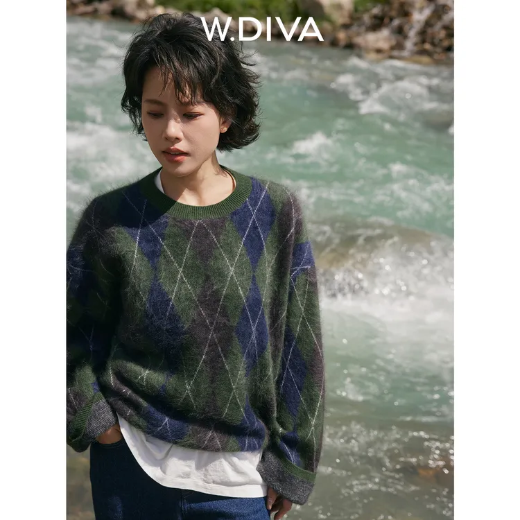 W.Diva【海屿格】4色细支100%羊绒文艺菱形格套头圆领毛衫54Z122640