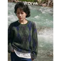 W.Diva【海屿格】4色细支100%羊绒文艺菱形格套头圆领毛衫54Z122640