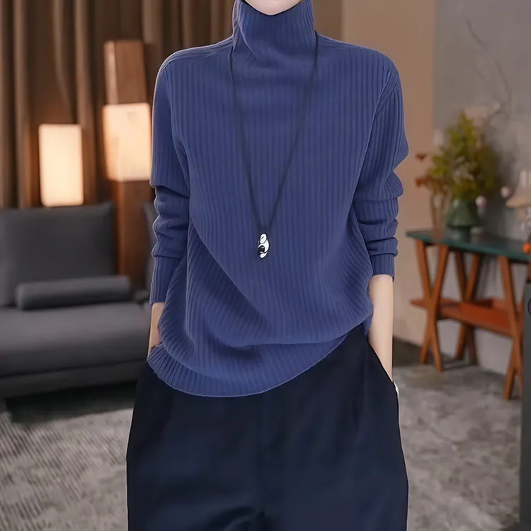 秋冬新款坑条高领蓝色针织打底衫女时尚休闲洋气百搭大码套头上衣