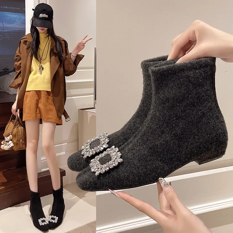 2025年新款秋冬法式内增高方头水钻低跟短靴加绒毛毛鞋