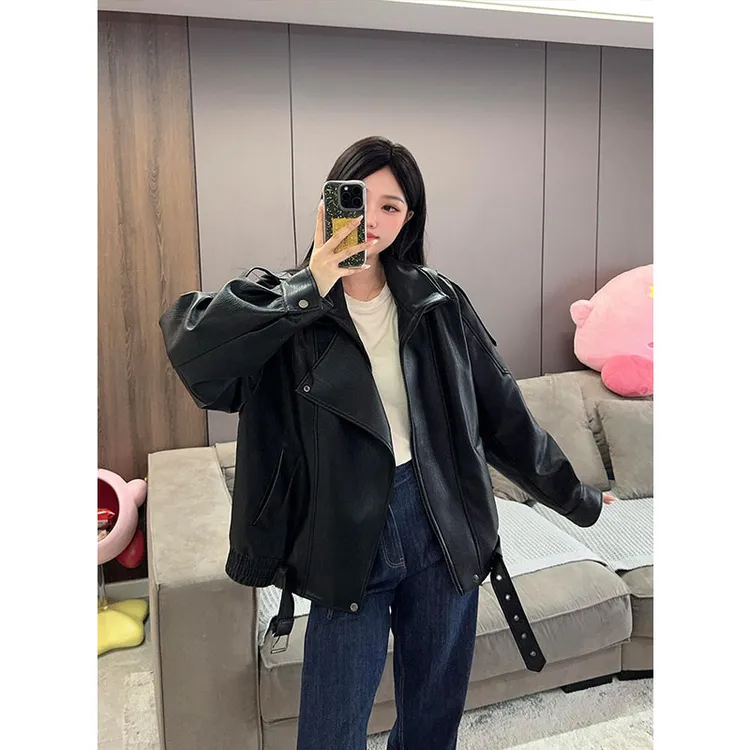 300斤大码女装美式复古重工机车秋款皮衣夹克女胖mm显瘦百搭外套