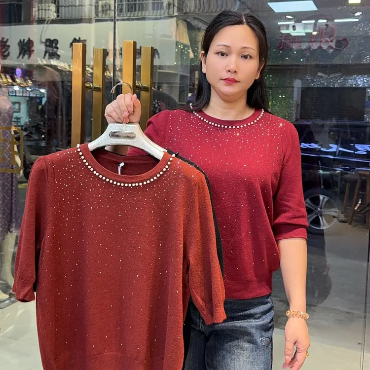 套头款毛衣女纯色中袖夏季时尚落肩袖毛针织衫镂空