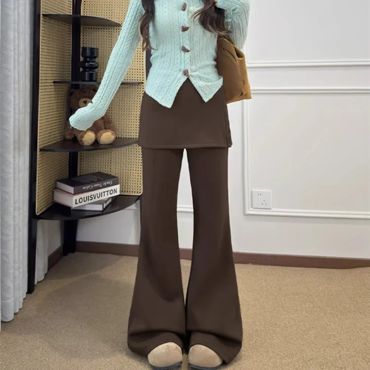 咖色屁帘磨毛微喇裤女秋冬加绒加厚小个子高腰显瘦百搭阔腿喇叭裤