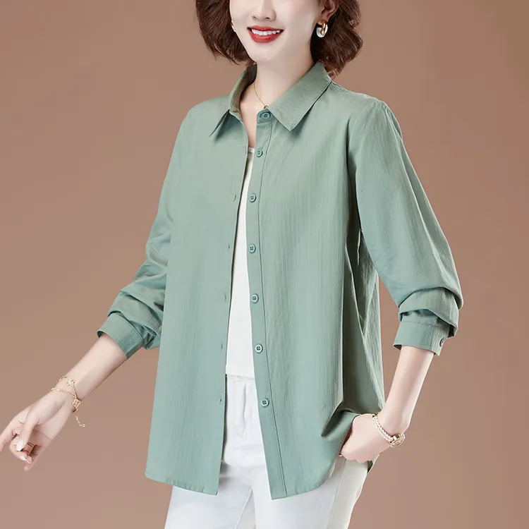 薄款女士长袖衬衣春夏翻领宽松衬衫中老年女大码气质休闲百搭开衫