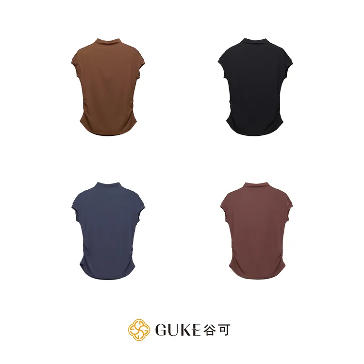 GKE/谷可C1062半高领修身显瘦褶皱纯色短款弹力T恤上衣百搭打底衫