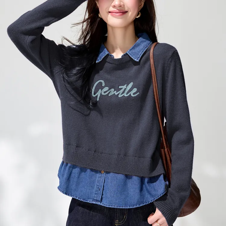 牛仔拼接假两件上衣时髦时尚洋气打底衫春秋内搭可外穿毛衣娃娃领