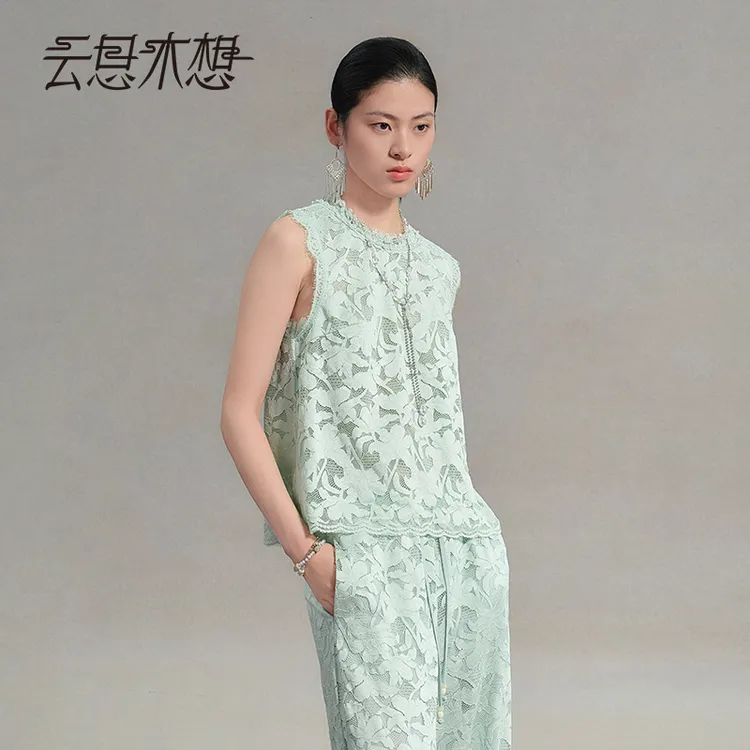 Ysimo-X云思木想 青青子衿 中式圆领植物染蕾丝花卉女士上衣14984